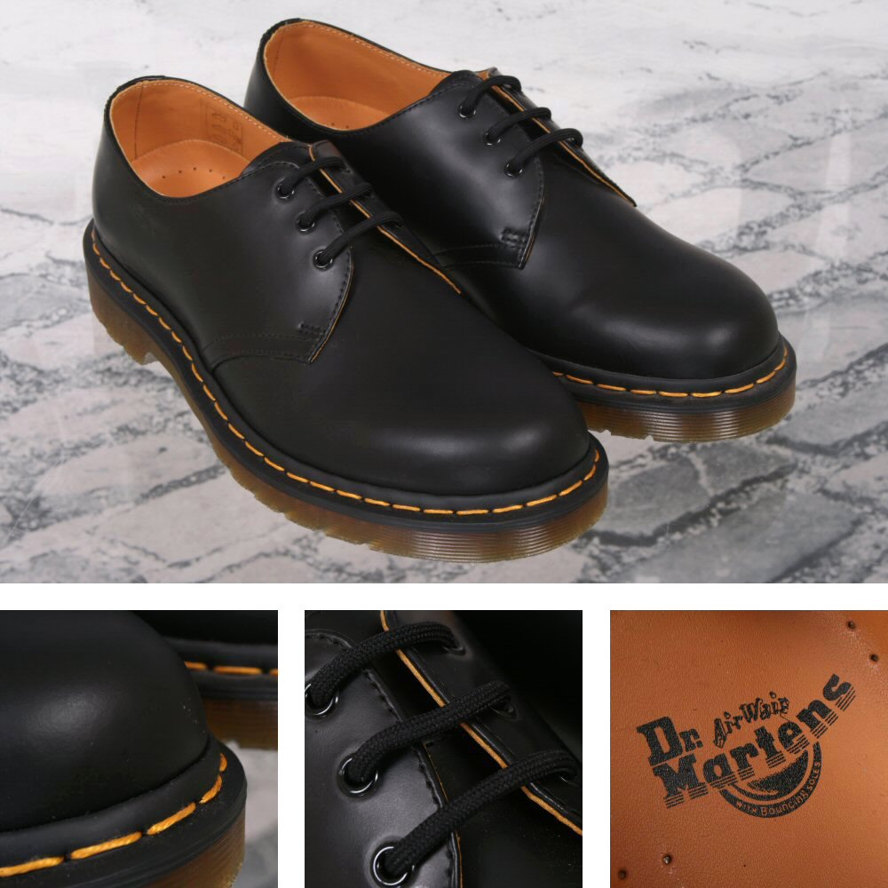 dr martens 1461 3 eye shoe in black smooth